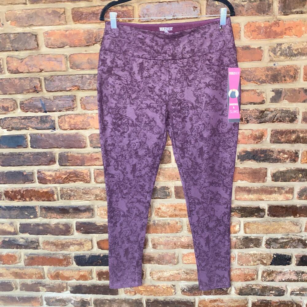 NWT TeezHer Purple Burgundy Paisley Jeanie Leggings Women's Size Large